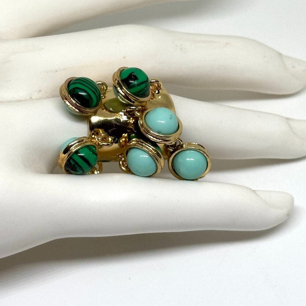 Gypsy style ring, gold tone, imitation Turquoise and Malachite beads, NWOT